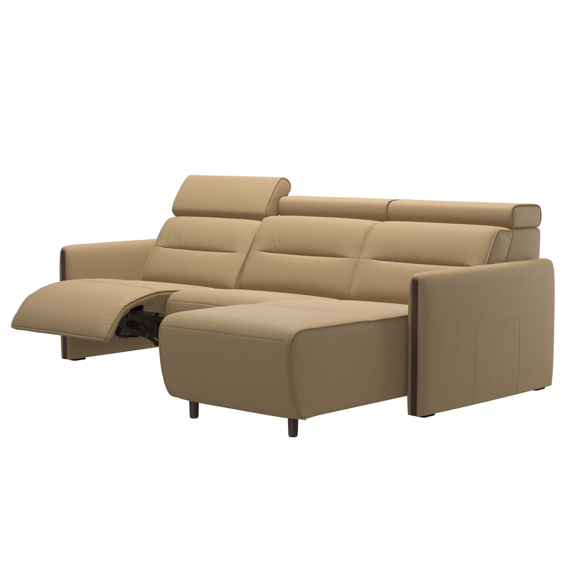 Stressless Emily Wood 2-Seater Sofa with 1 Power Seat and 1 Long Seat in Paloma Sand, Wenge, side view