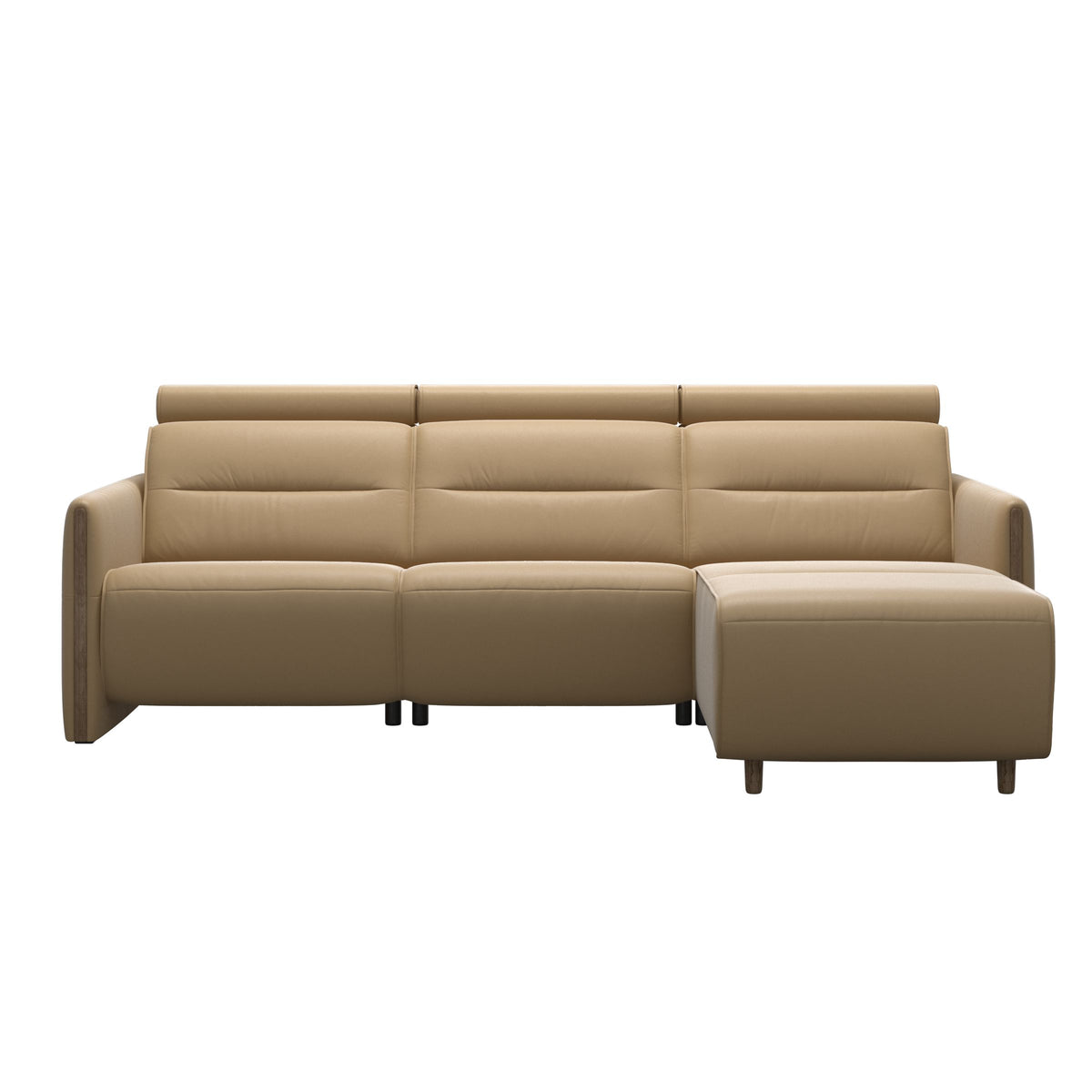 Stressless Emily Wood 2-Seater Sofa with 1 Power Seat and 1 Long Seat in Paloma Sand, Smoked Oak, front view
