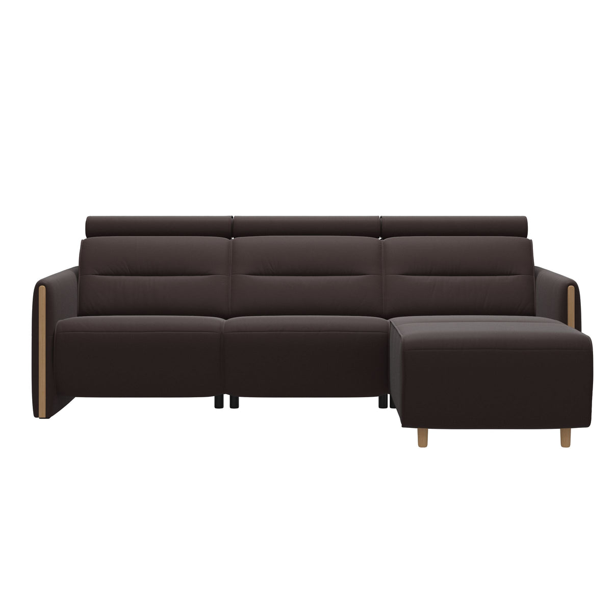 Stressless Emily Wood 2-Seater Sofa with 1 Power Seat and 1 Long Seat in Paloma Chocolate, Oak, front view
