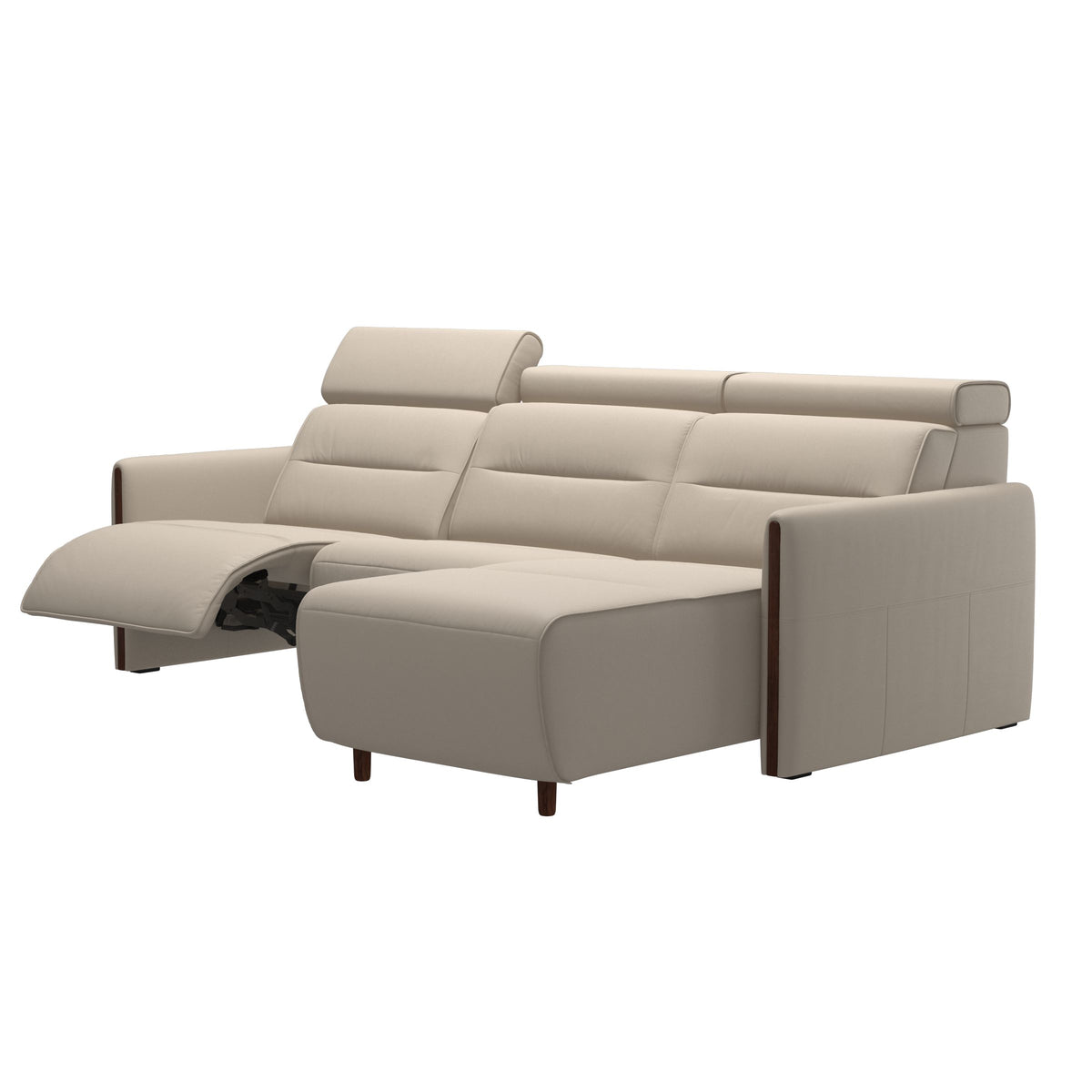 Stressless Emily Wood 2-Seater Sofa with 1 Power Seat and 1 Long Seat in Paloma Fog, Brown, side view