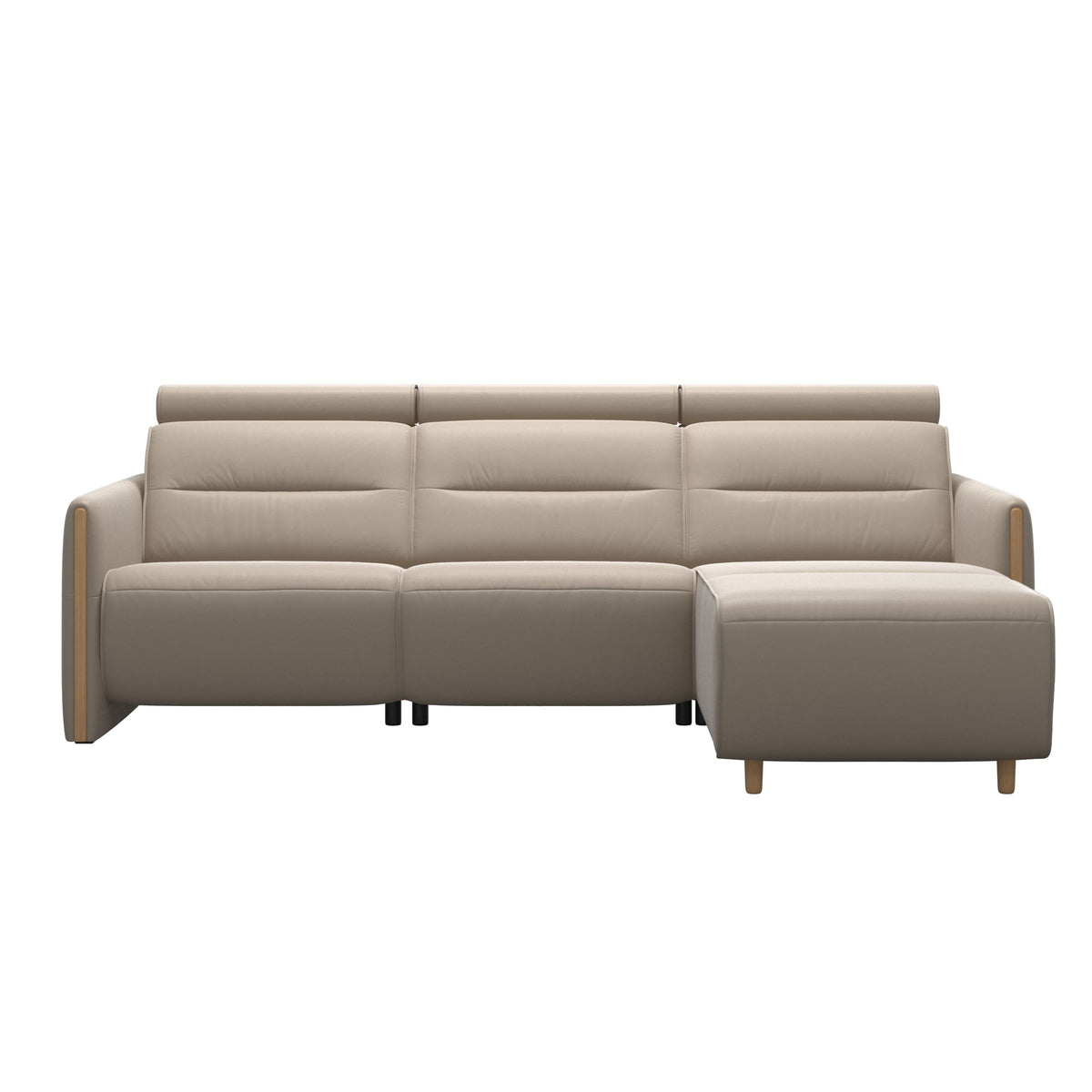 Stressless Emily Wood 2-Seater Sofa with 1 Power Seat and 1 Long Seat in Paloma Mushroom, Oak, front view