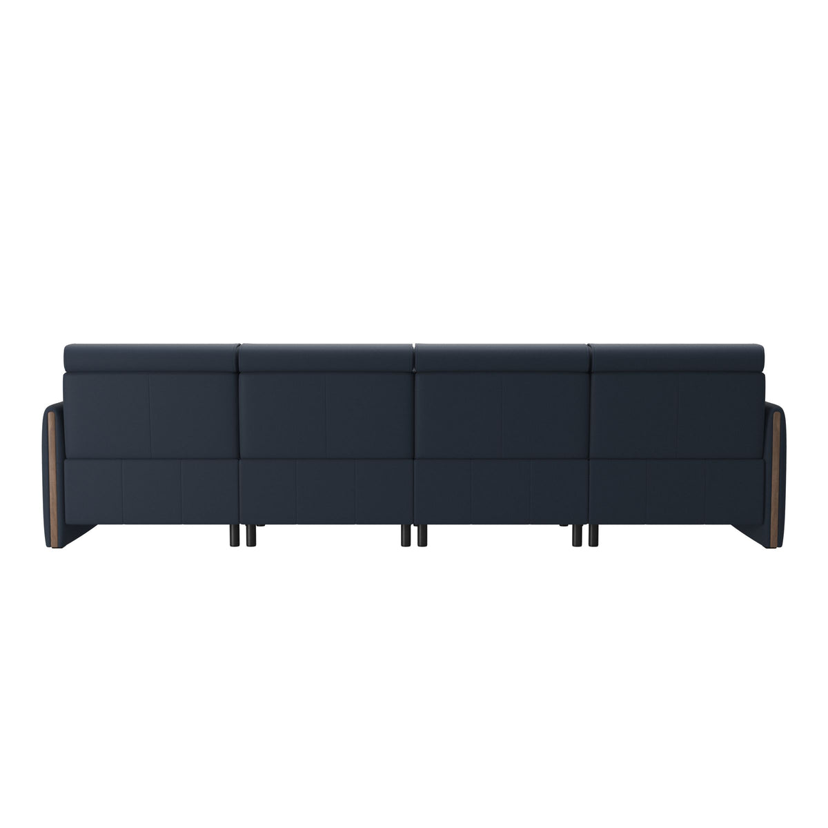 Stressless Emily Wood 4-Seater Sofa with 2 Power Seats in Paloma Oxford Blue, Walnut, rear three-quarter view