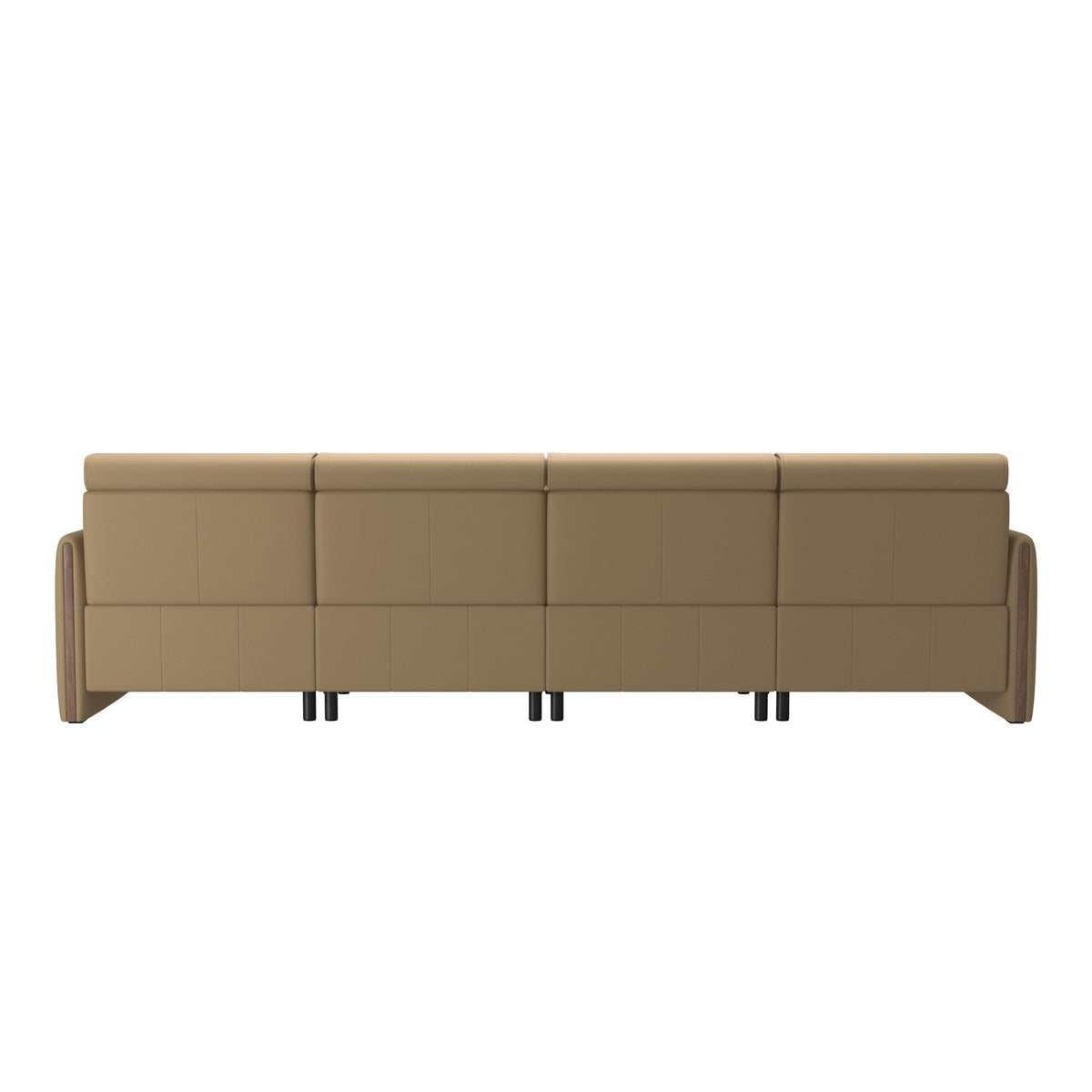 Stressless Emily Wood 4-Seater Sofa with 2 Power Seats in Paloma Sand, Walnut, rear three-quarter view