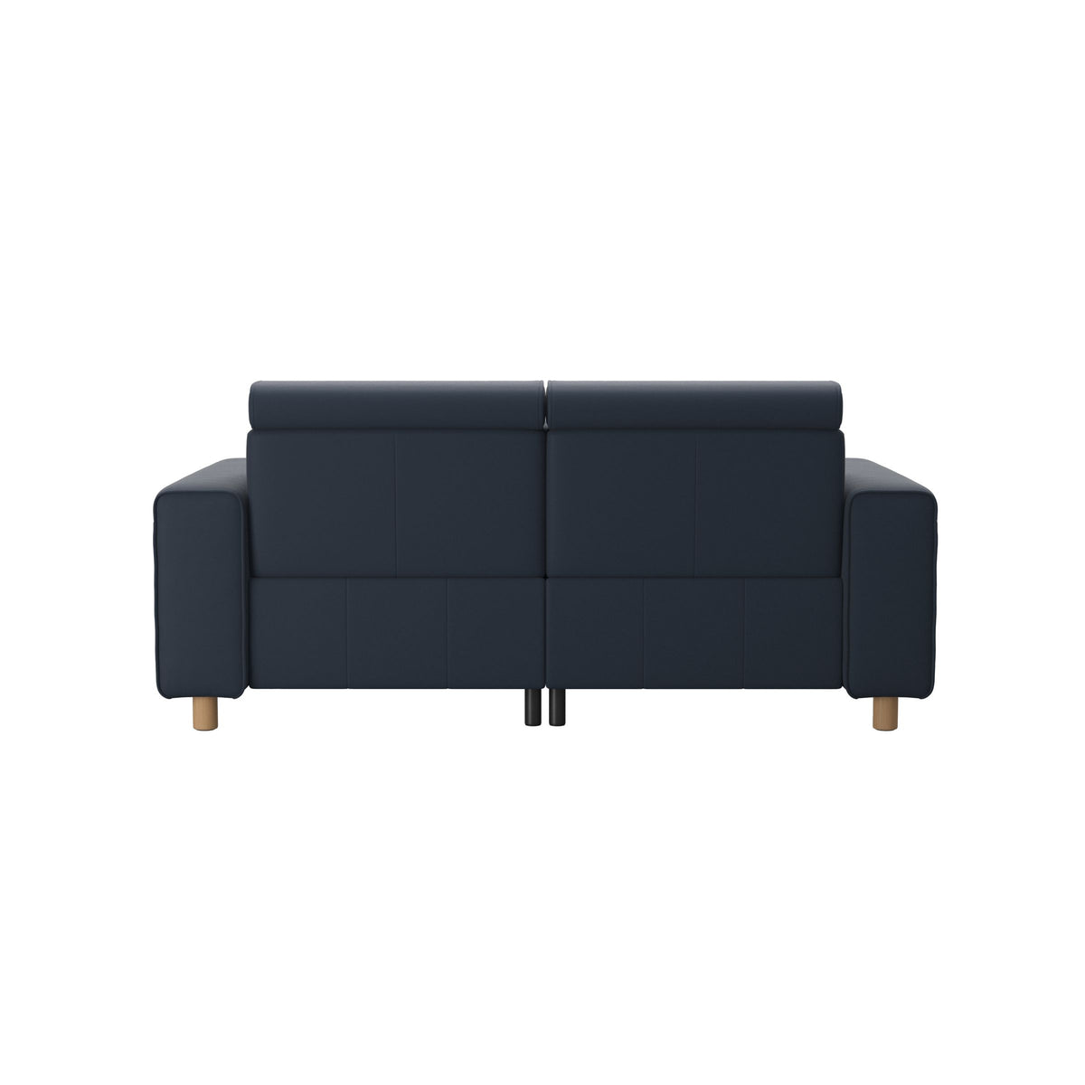 Stressless Emily Wide Arm 2-Seater Sofa with 2 Power Seats in Paloma Oxford Blue, Oak, rear three-quarter view