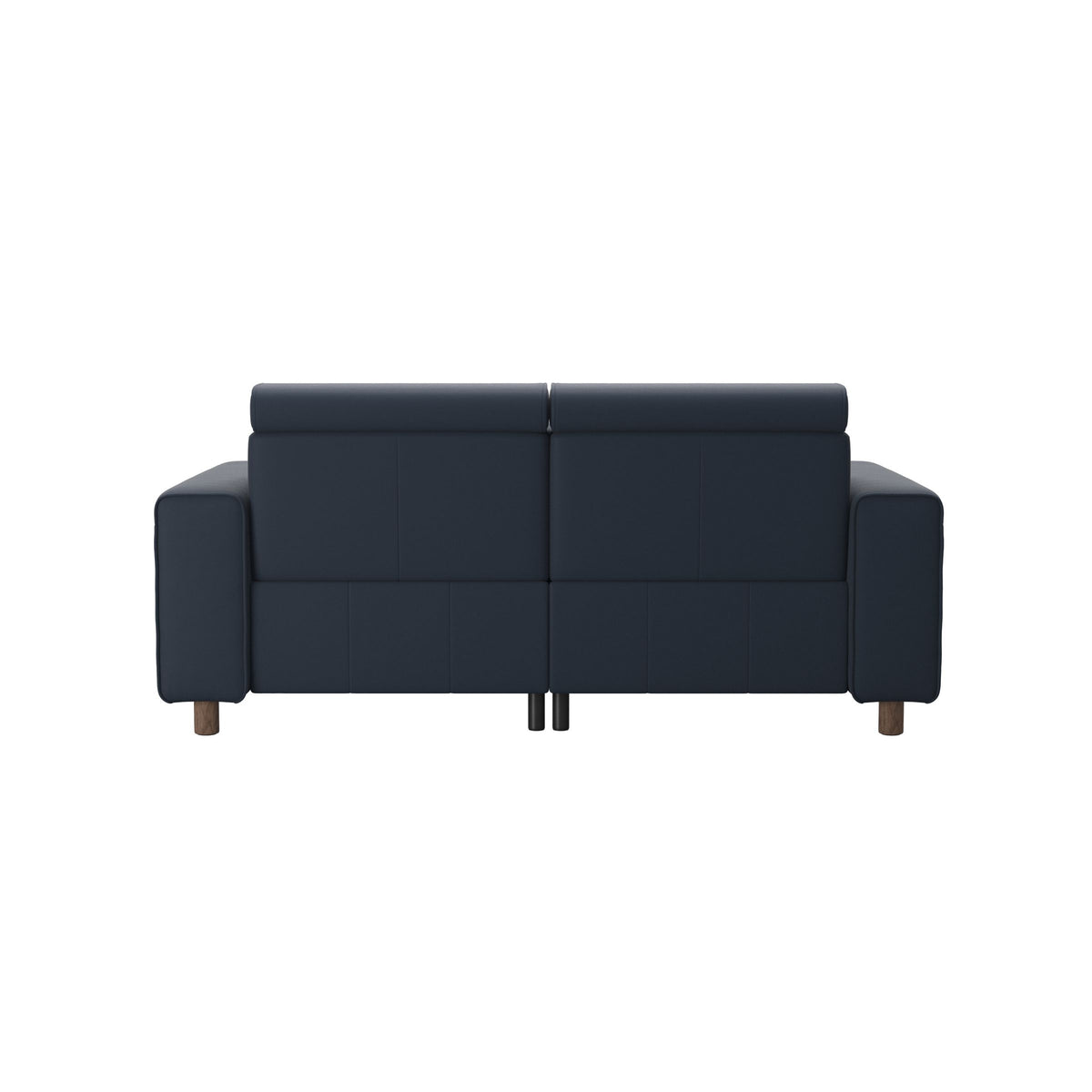 Stressless Emily Wide Arm 2-Seater Sofa with 2 Power Seats in Paloma Oxford Blue, Walnut, rear three-quarter view