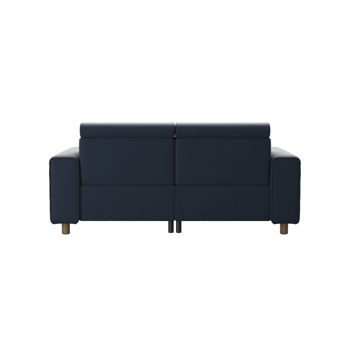 Stressless Emily Wide Arm 2-Seater Sofa with 2 Power Seats in Paloma Oxford Blue, Smoked Oak, rear three-quarter view