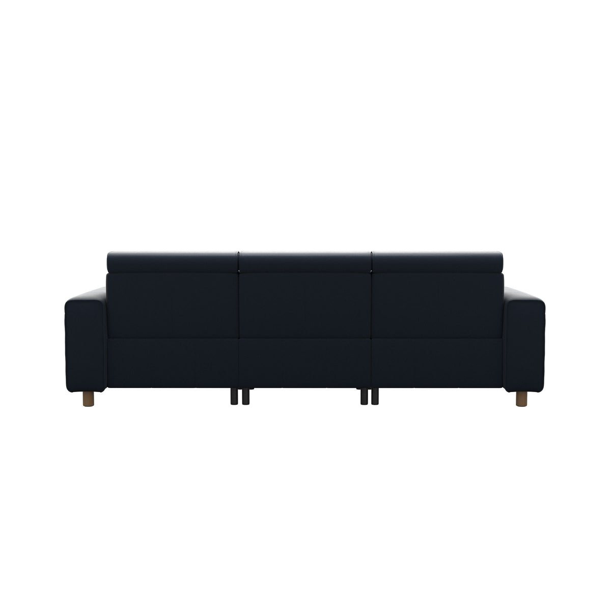 Stressless Emily Wide Arm 3-Seater Sofa with 2 Power Seats in Paloma Oxford Blue, Oak, rear three-quarter view