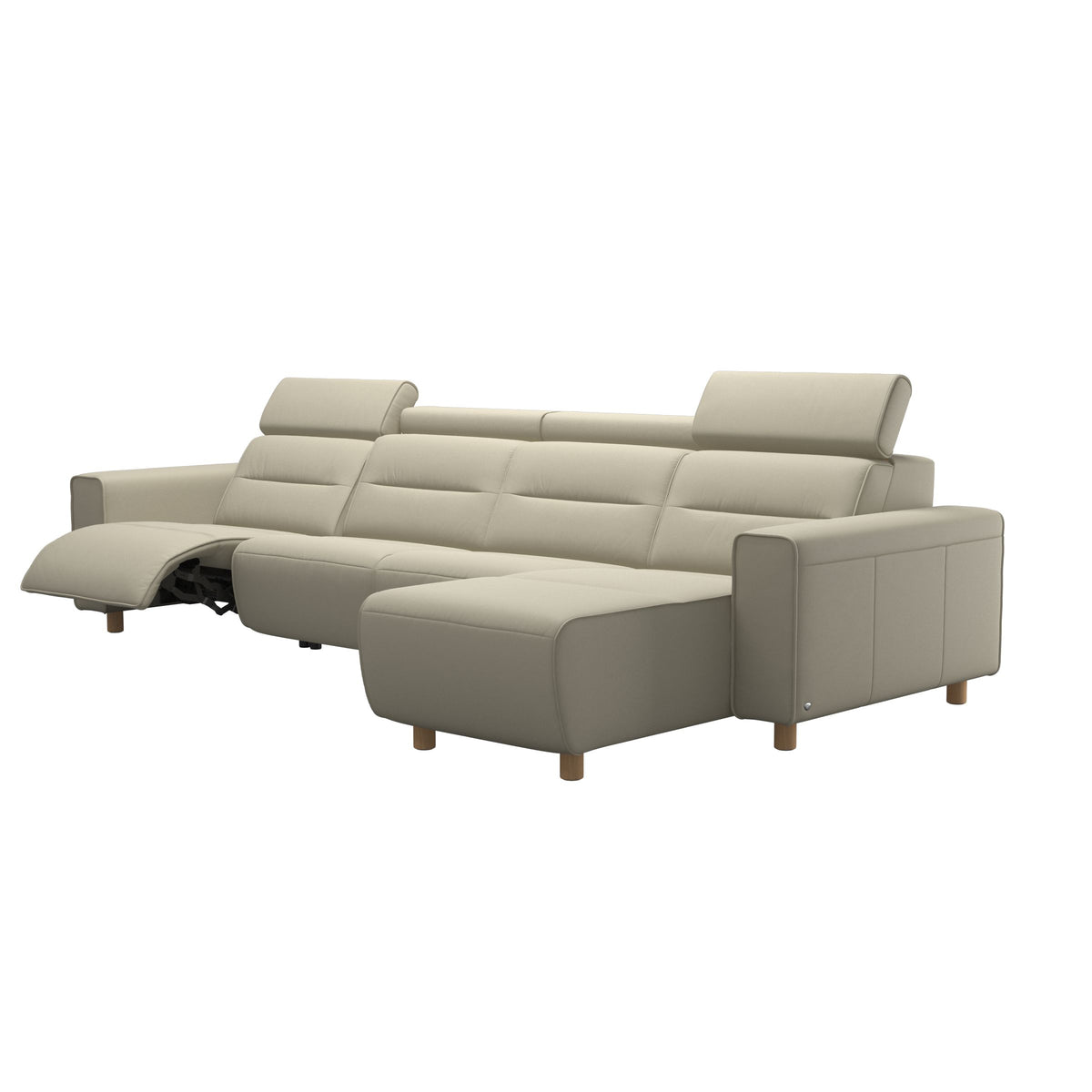 Stressless Emily Wide Arm 3-Seater Sofa with 2 Power Seats and 1 Long Seat in Paloma Light Grey, Oak, side view