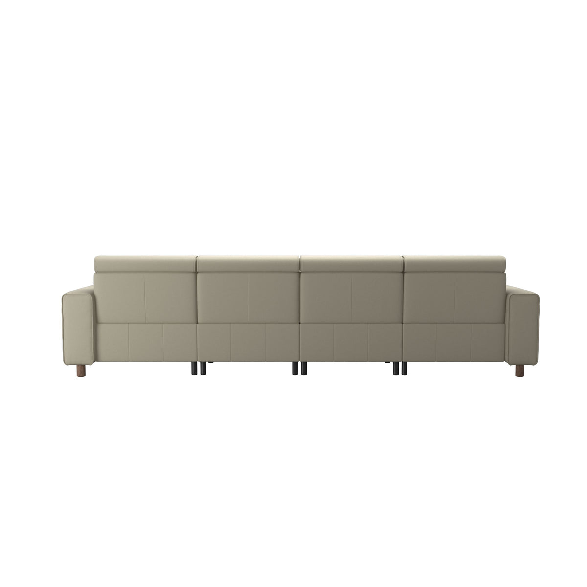 Stressless Emily Wide Arm 3-Seater Sofa with 2 Power Seats and 1 Long Seat in Paloma Light Grey, Walnut, rear three-quarter view