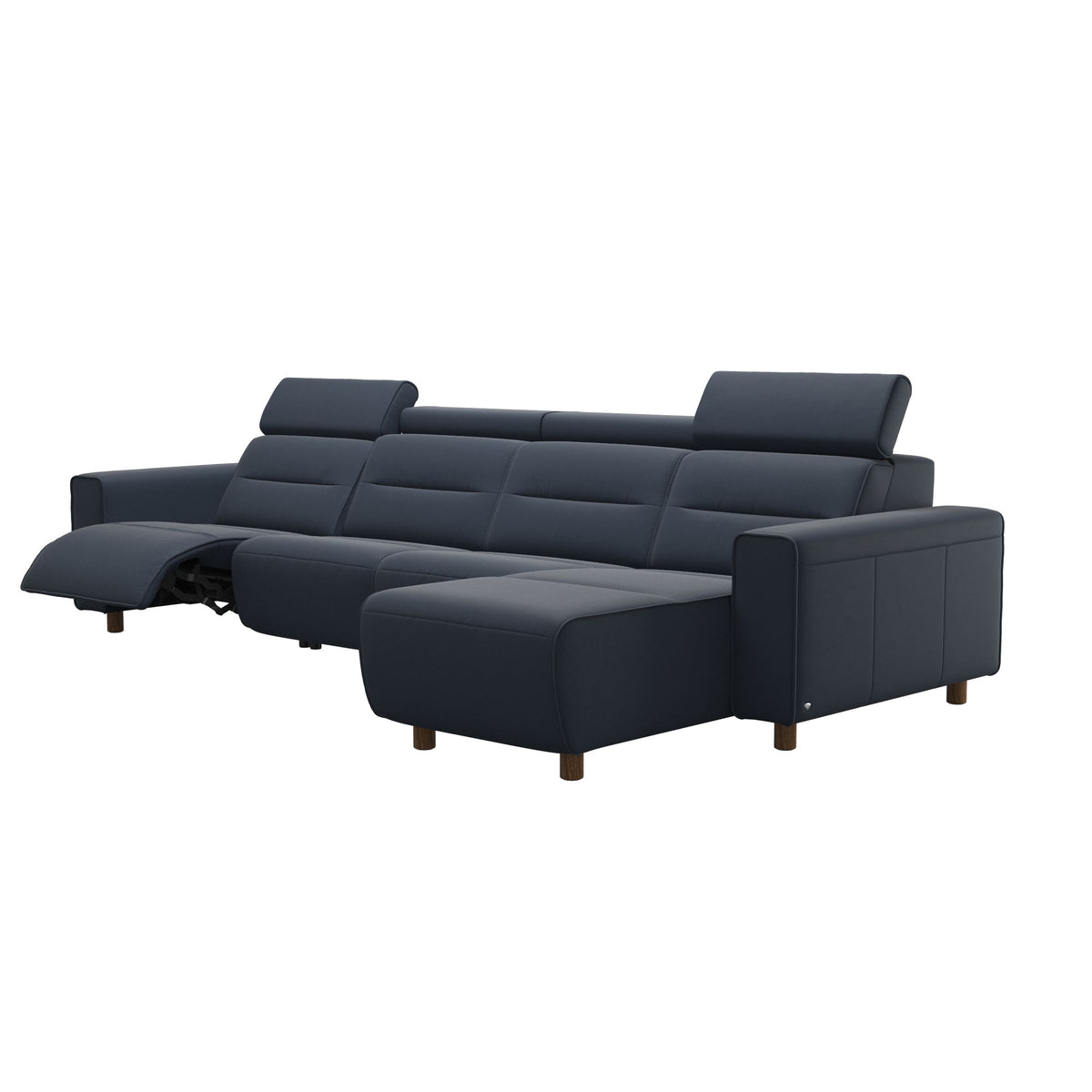 Stressless Emily Wide Arm 3-Seater Sofa with 2 Power Seats and 1 Long Seat in Paloma Oxford Blue, Teak, side view
