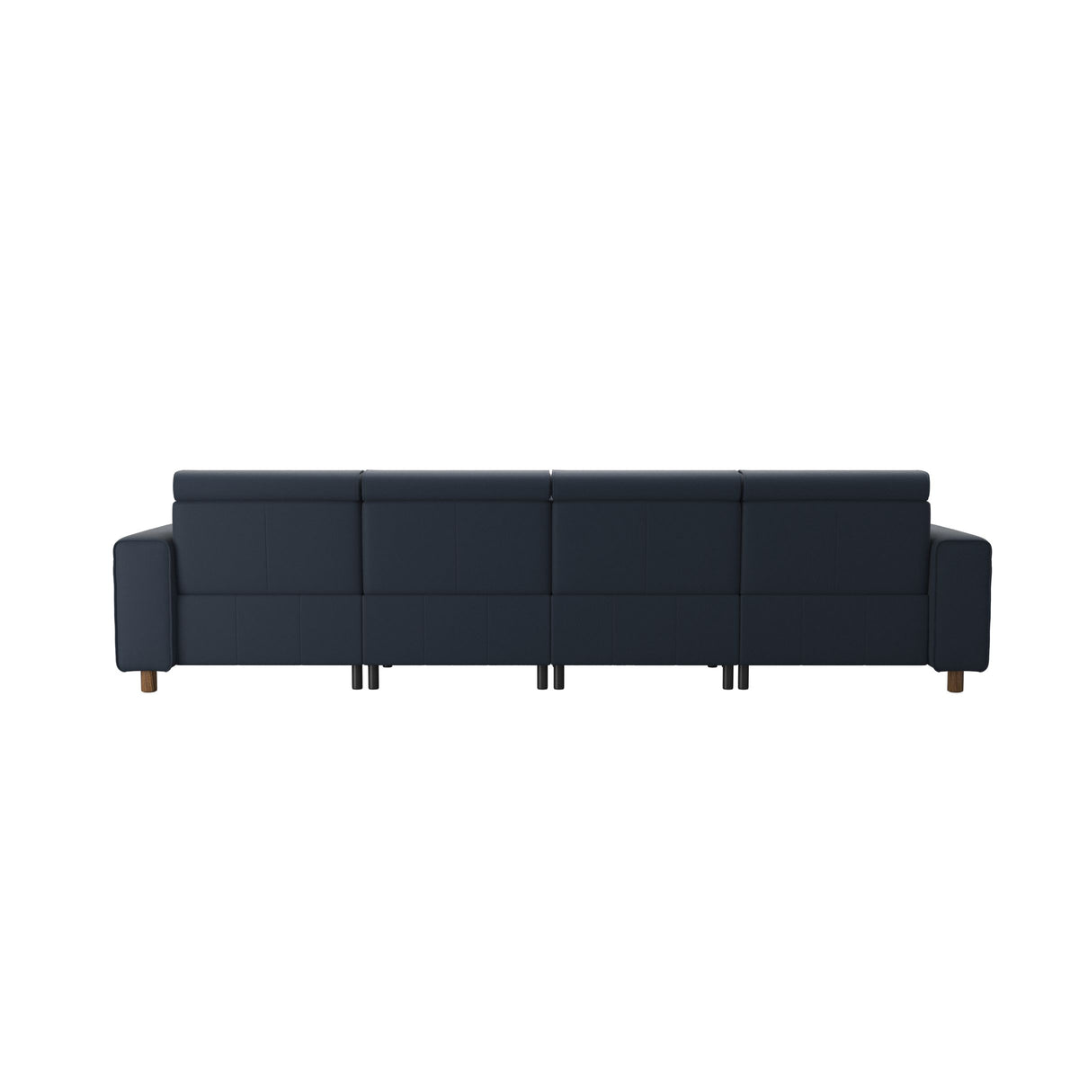 Stressless Emily Wide Arm 3-Seater Sofa with 2 Power Seats and 1 Long Seat in Paloma Oxford Blue, Teak, rear three-quarter view