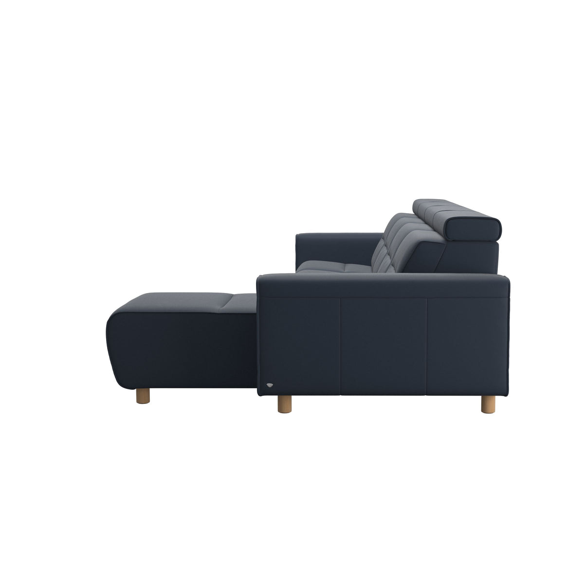 Stressless Emily Wide Arm 3-Seater Sofa with 2 Power Seats and 1 Long Seat in Paloma Oxford Blue, Oak, back view