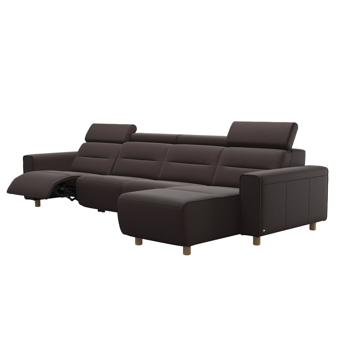 Stressless Emily Wide Arm 3-Seater Sofa with 2 Power Seats and 1 Long Seat in Paloma Chocolate, Oak, side view