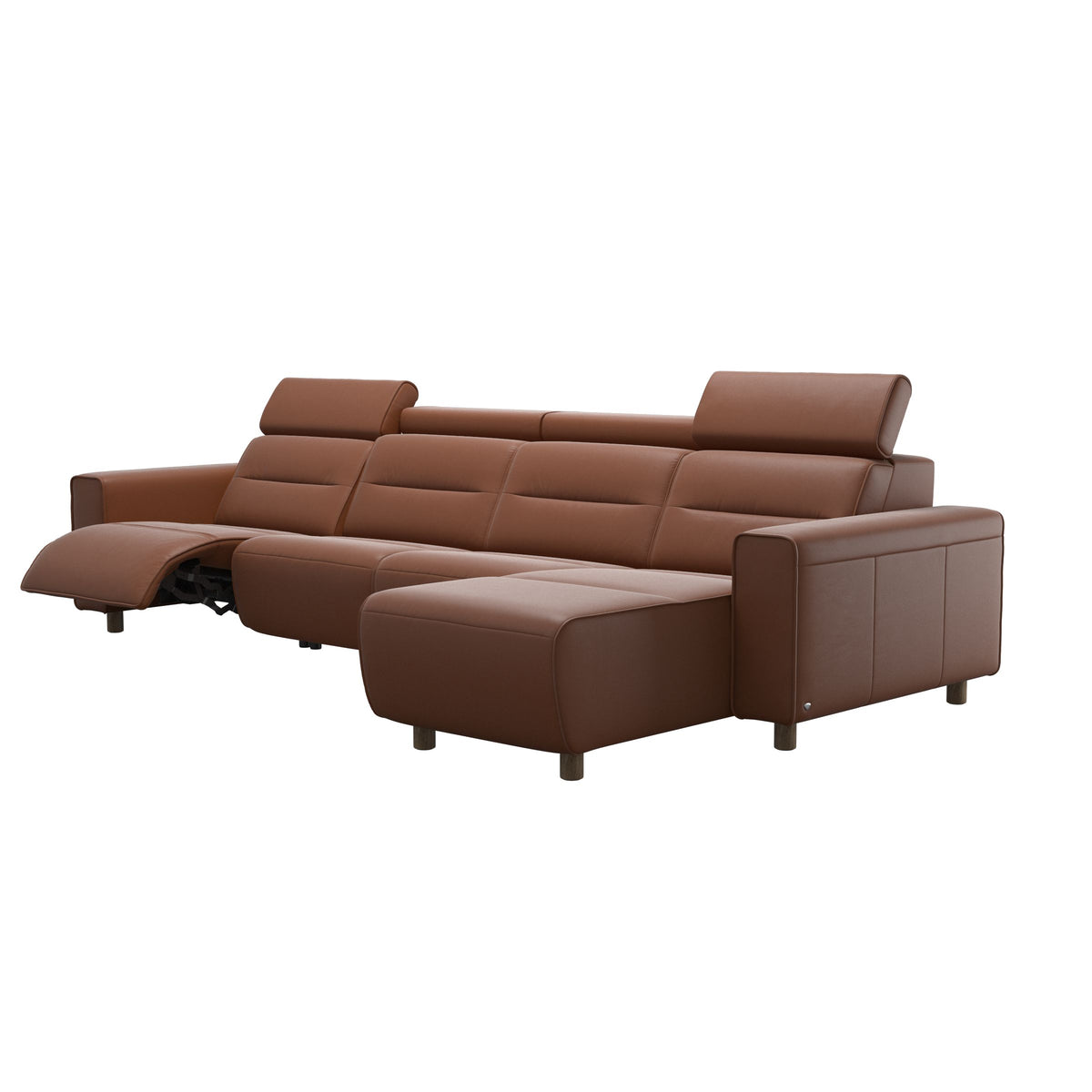 Stressless Emily Wide Arm 3-Seater Sofa with 2 Power Seats and 1 Long Seat in Paloma New Cognac, Smoked Oak, side view