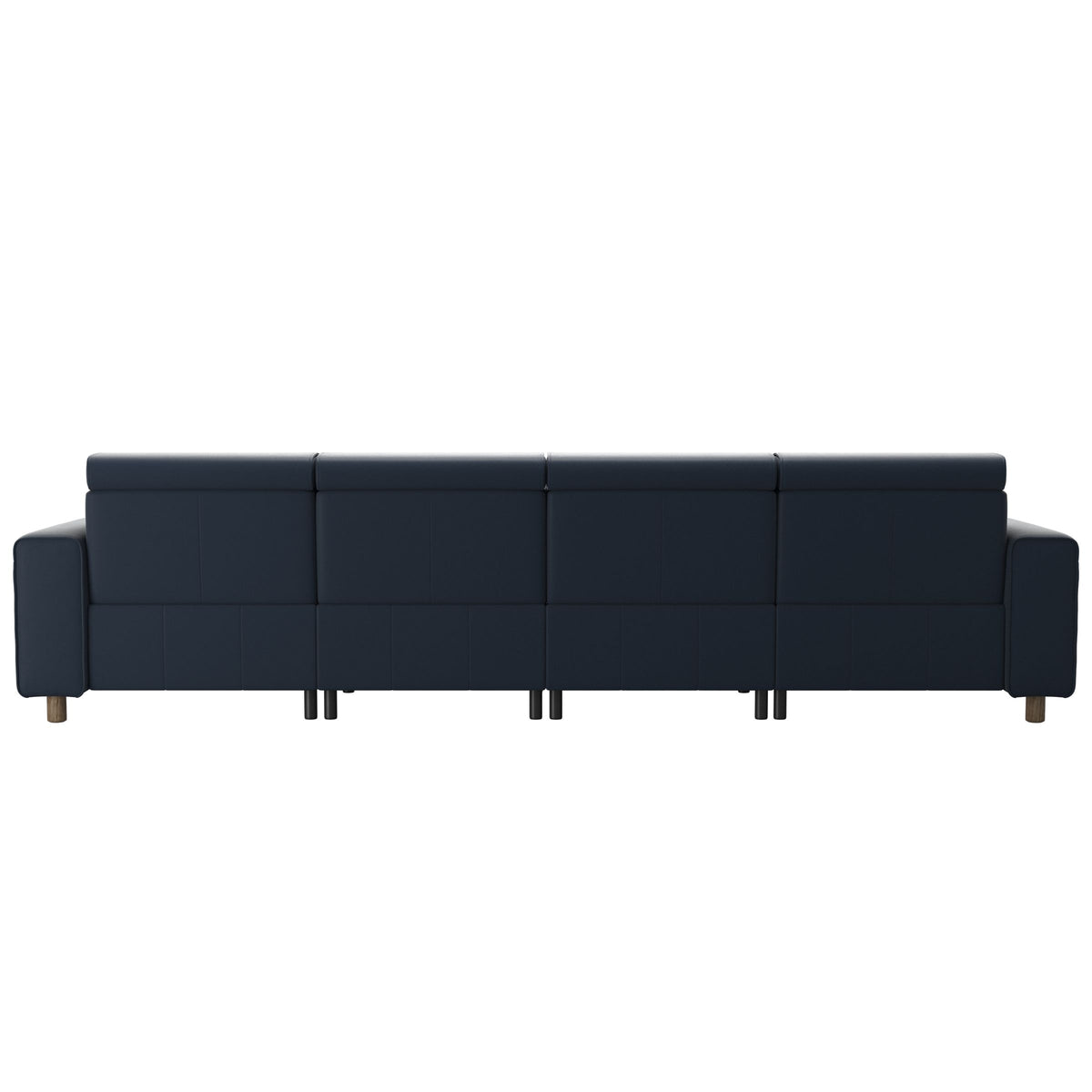 Stressless Emily Wide Arm 4-Seater Sofa with 2 Power Seats in Paloma Oxford Blue, Smoked Oak, rear three-quarter view