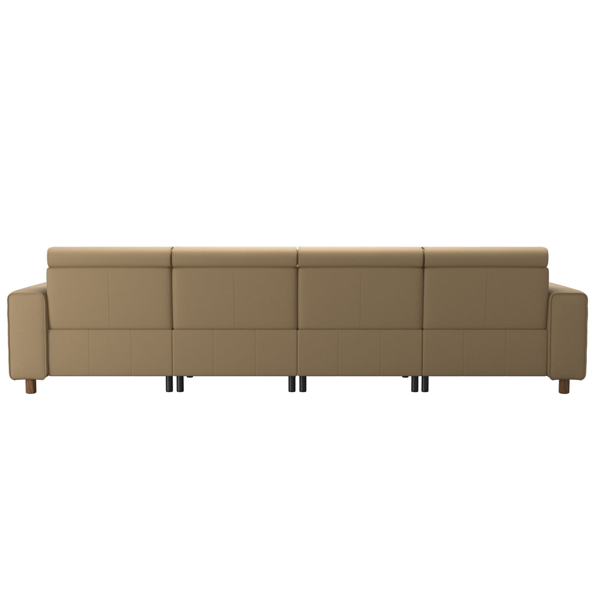 Stressless Emily Wide Arm 4-Seater Sofa with 2 Power Seats in Paloma Sand, Teak, rear three-quarter view