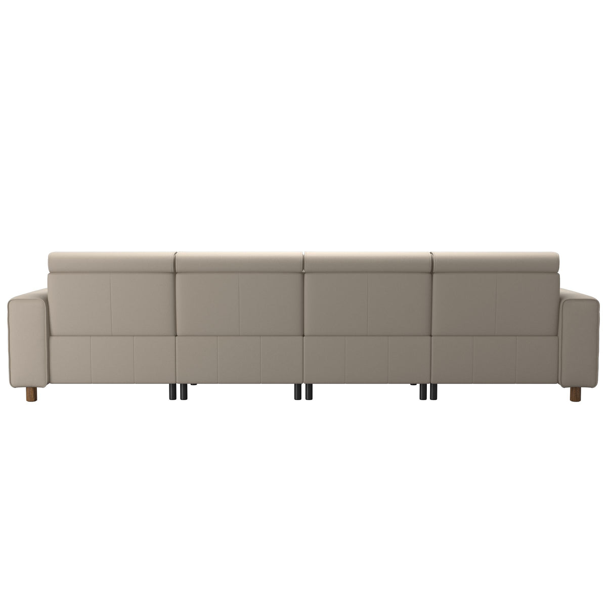 Stressless Emily Wide Arm 4-Seater Sofa with 2 Power Seats in Paloma Fog, Teak, rear three-quarter view
