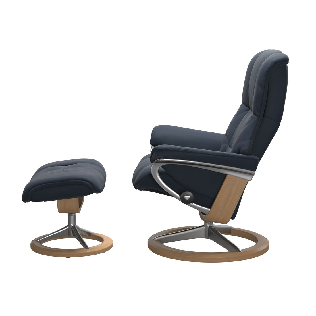 Stressless Mayfair Recliner Signature Base in Paloma Oxford Blue, Oak, side view
