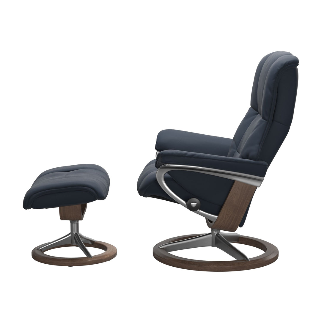 Stressless Mayfair Recliner Signature Base in Paloma Oxford Blue, Walnut, side view
