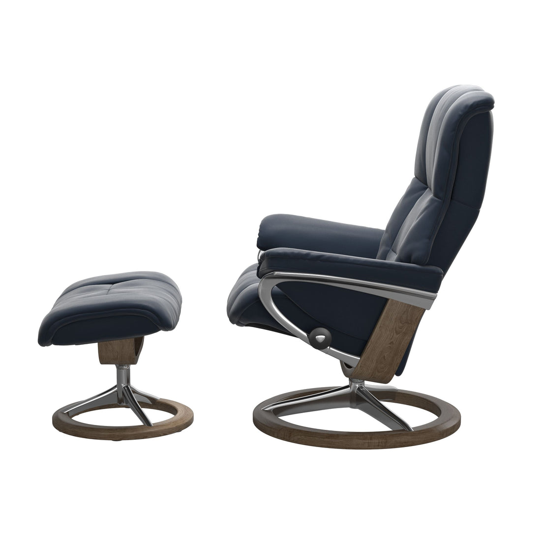Stressless Mayfair Recliner Signature Base in Paloma Oxford Blue, Smoked Oak, side view