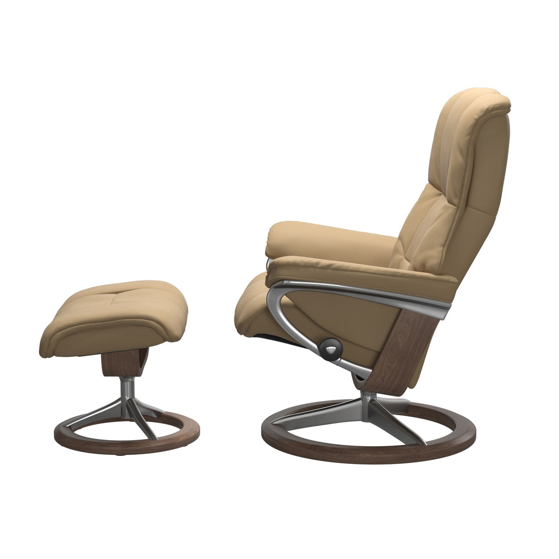 Stressless Mayfair Recliner Signature Base in Paloma Sand, Walnut, side view