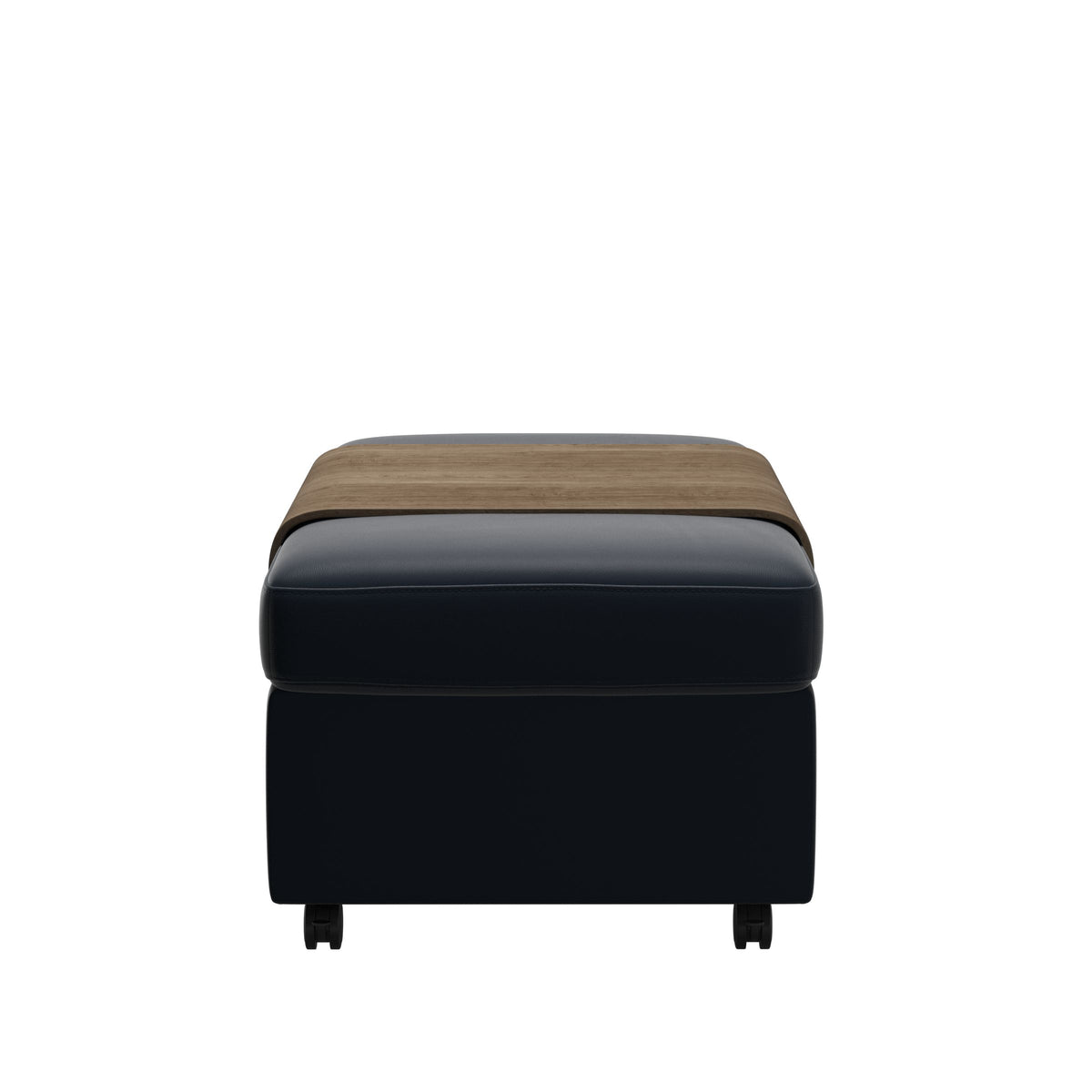 Stressless Double Ottoman with Table in Paloma Oxford Blue, Smoked Oak, back view