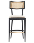 Savile Flax Fabric and Brushed Ebony Nettlewood with Natural Cane and Brass Kickplate (Bar Height) | Britt Bar/Counter Stool | Valley Ridge Furniture