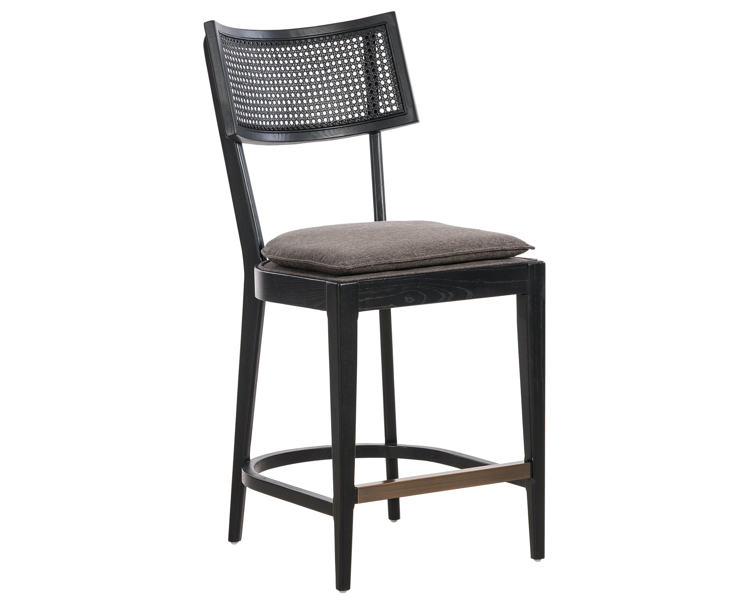 Savile Charcoal Fabric and Brushed Ebony Nettlewood with Brushed Ebony Cane and Brass Kickplate (Counter Height) | Britt Bar/Counter Stool | Valley Ridge Furniture