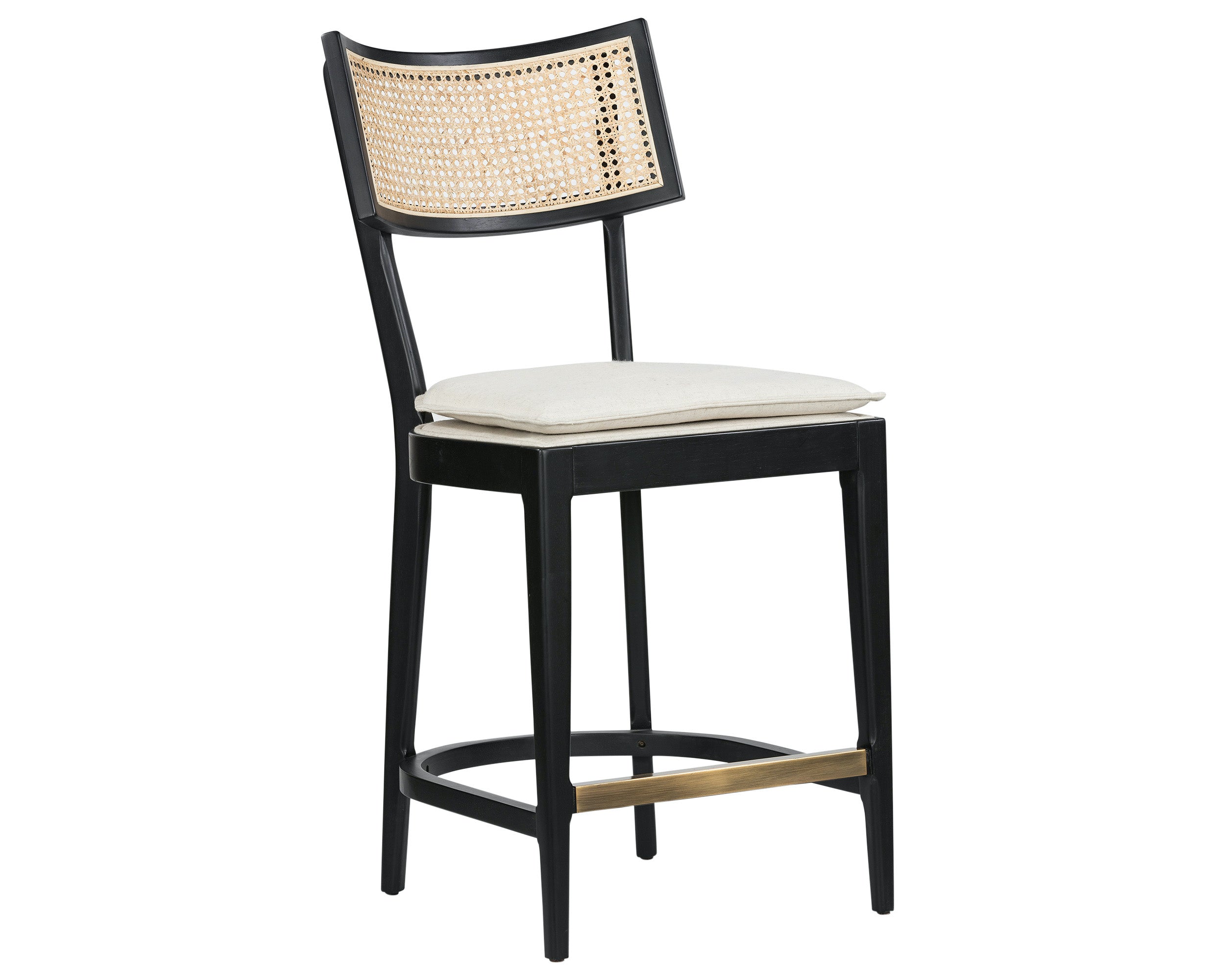 Savile Flax Fabric and Brushed Ebony Nettlewood with Natural Cane and Brass Kickplate (Counter Height) | Britt Bar/Counter Stool | Valley Ridge Furniture