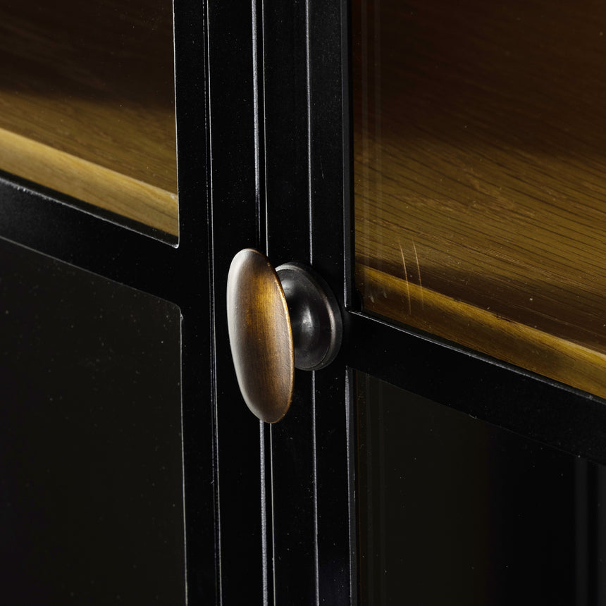 Black Iron and Light Oak Veneer with Clear Glass and Weathered Bronze Iron | Belmont Cabinet | Valley Ridge Furniture 