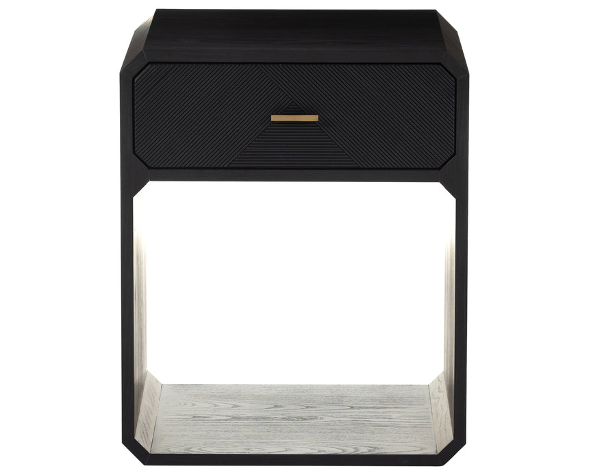 Black Ash Veneer & Black Ash with Satin Brass Iron | Caspian Nightstand | Valley Ridge Furniture