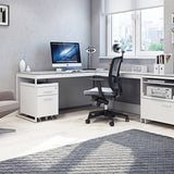 BDi Centro 6401 Desk in Satin White on Oak with Grey Glass, with a return on a multi-function cabinet, in a home office