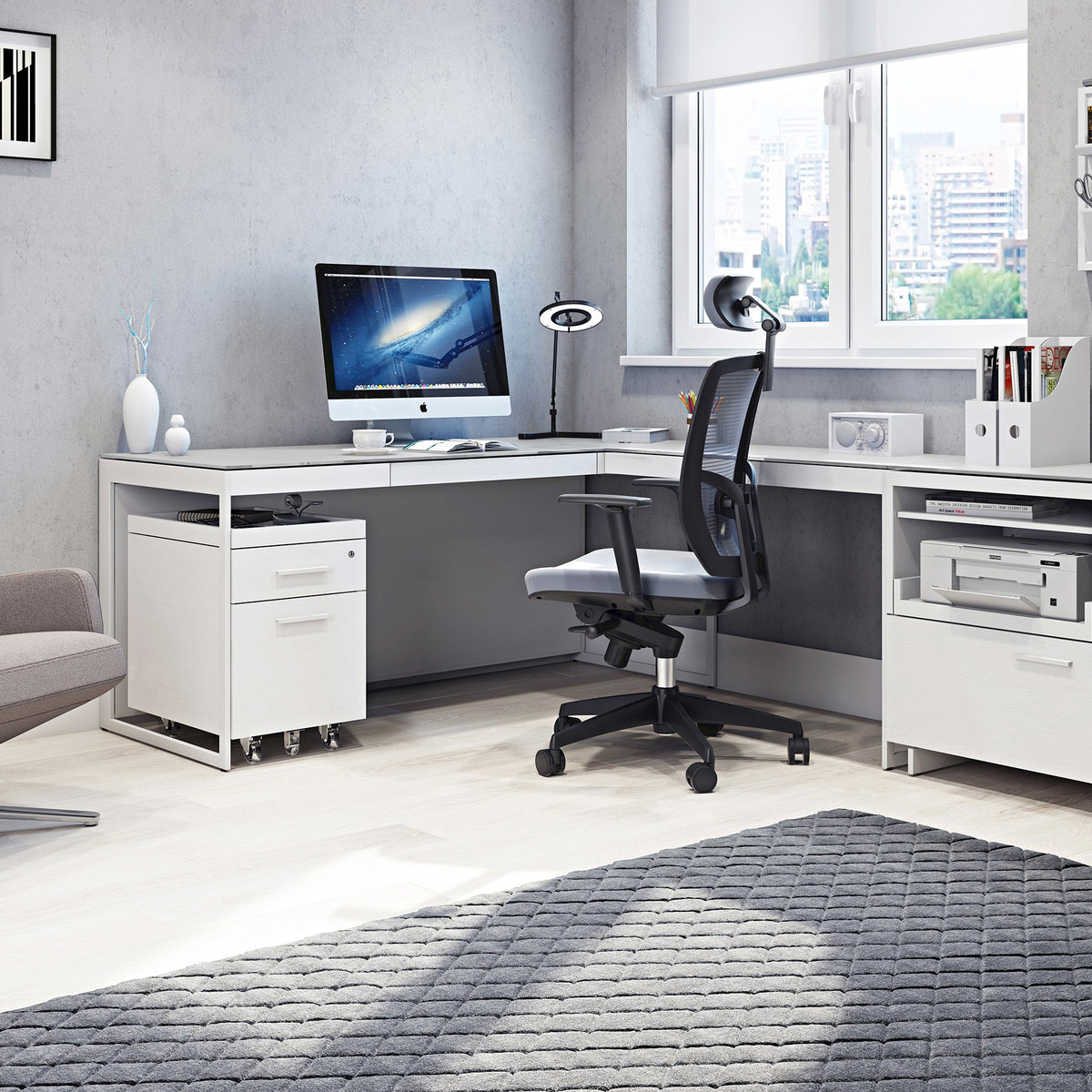 BDi Centro 6401 Desk in Satin White on Oak with Grey Glass, with a return on a multi-function cabinet, in a home office