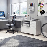 BDi Centro 6417 Multi Function Cabinet in Satin White on Oak with Grey Glass, supporting a return, in a home office