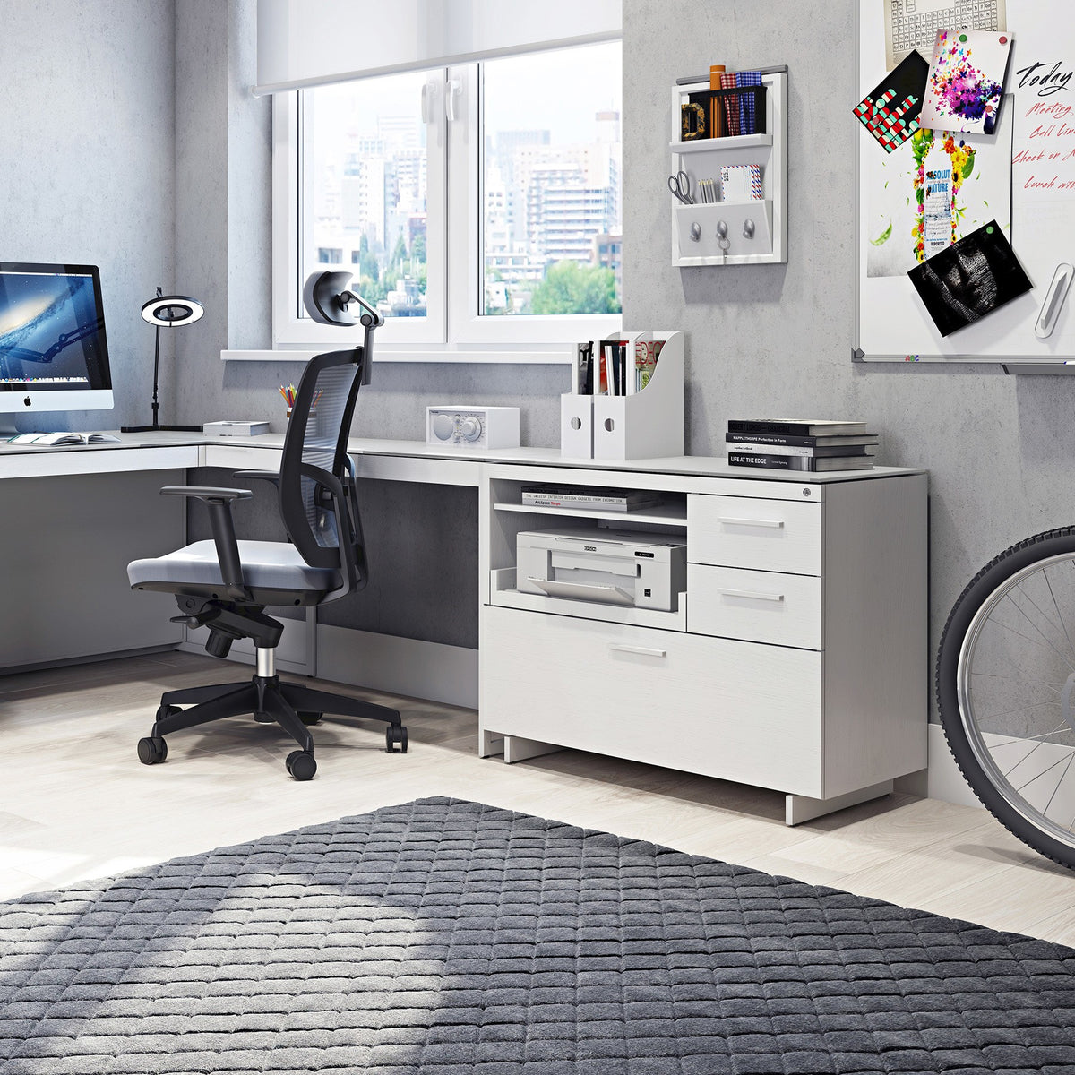 BDi Centro 6417 Multi Function Cabinet in Satin White on Oak with Grey Glass, supporting a return, in a home office