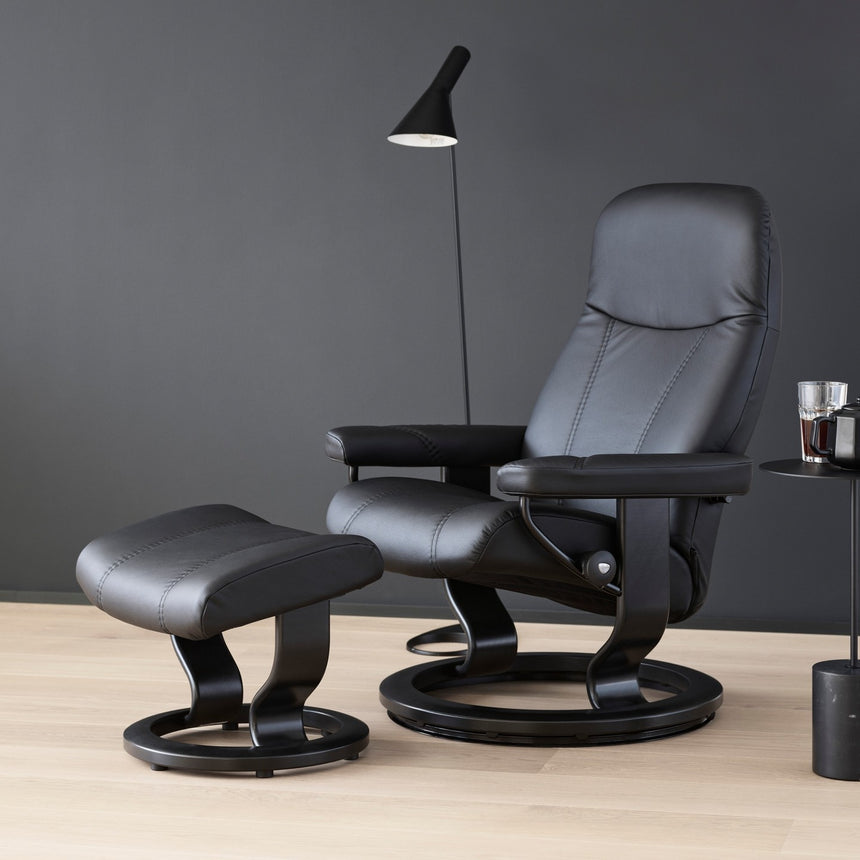 Stressless Consul Recliner Classic Base, room setting, shown in Batick Black all-groups
