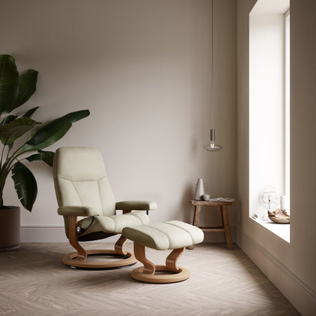 Stressless Consul Recliner Signature Base, room setting, shown in Batick Cream, Classic base all-groups