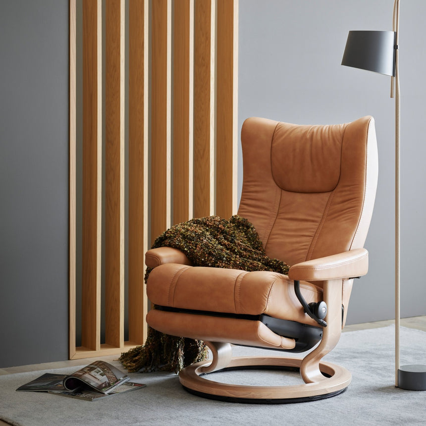 Stressless Wing Recliner Classic Base, room setting, shown in Paloma Taupe, Classic Power base all-groups