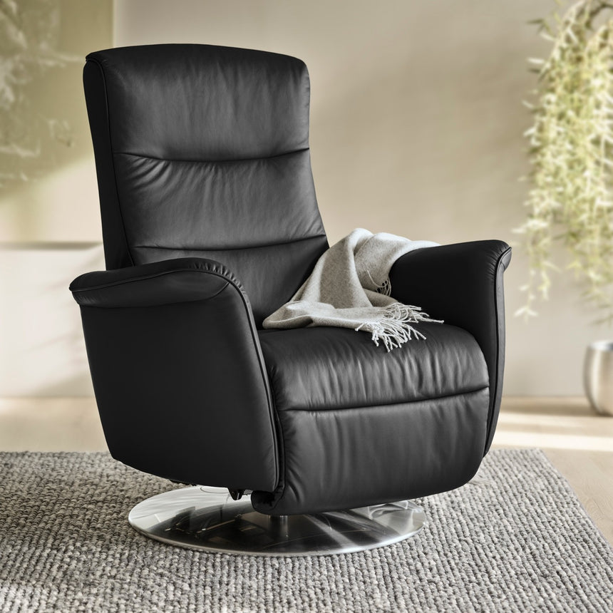 Stressless Mike Recliner Wood Base, room setting, shown in Paloma Black, Power Moon base all-groups