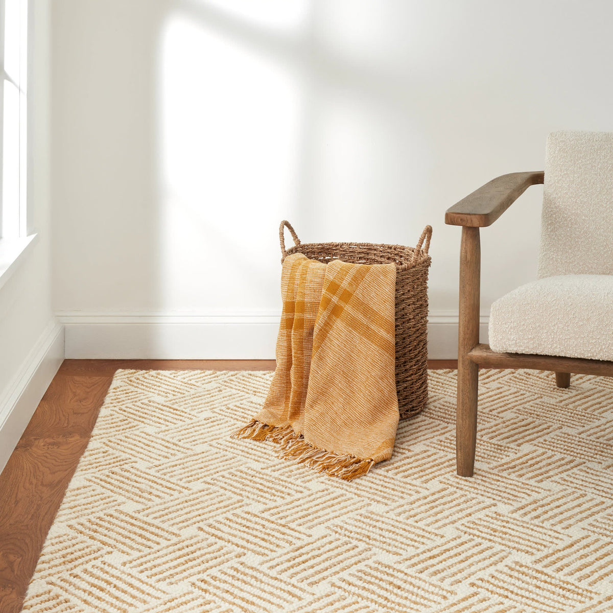 Dash & Albert Layers Hand Hooked Wool Rug in Ochre, room setting