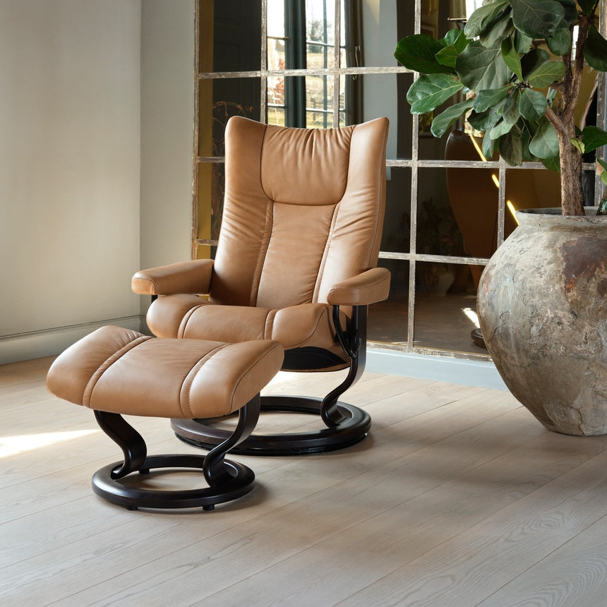 Stressless Wing Recliner Classic Base, room setting, shown in Paloma Taupe all-groups