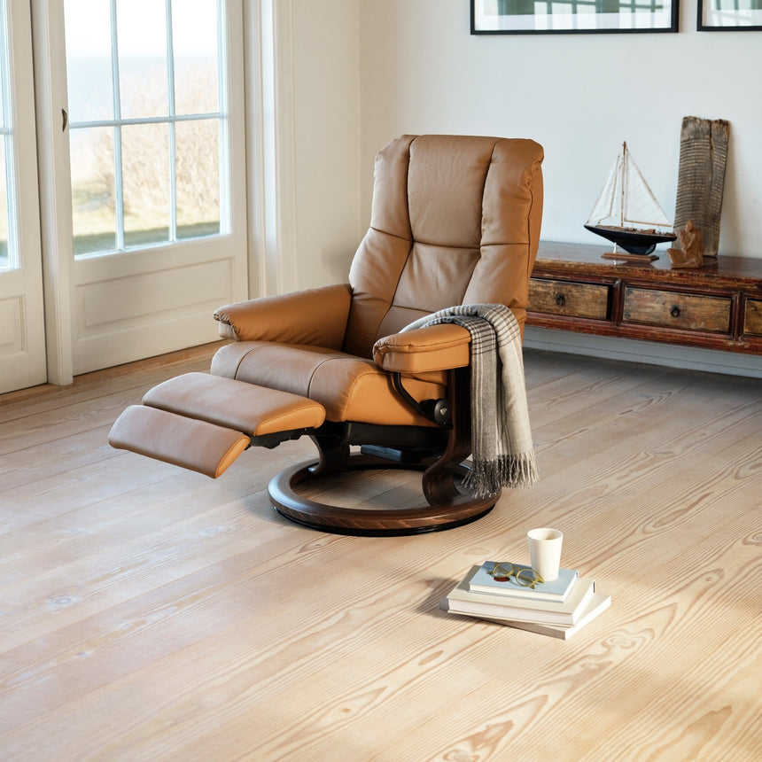 Stressless Mayfair Recliner Classic Base, room setting, shown in Paloma New Cognac all-groups