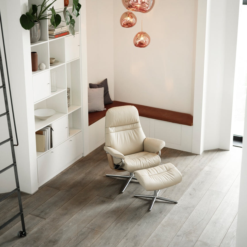 Stressless Sunrise Recliner Cross Base, room setting, shown in Batick Cream all-groups