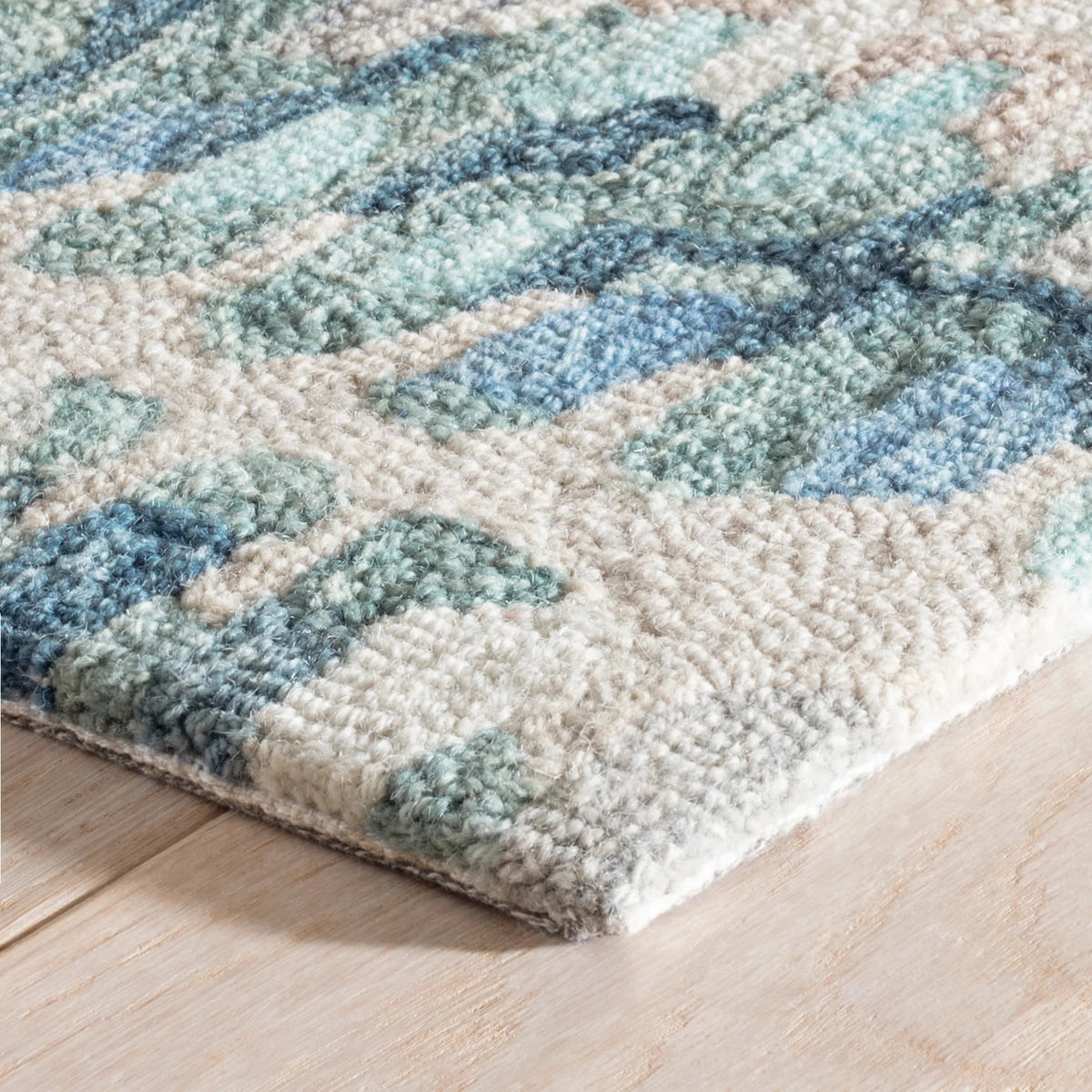 Dash & Albert Paint Chip Hand Micro Hooked Wool Rug in Blue, corner detail