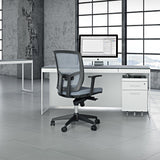 BDi Centro 6401 Desk in Satin White on Oak with Grey Glass, with a mobile file, in a loft office