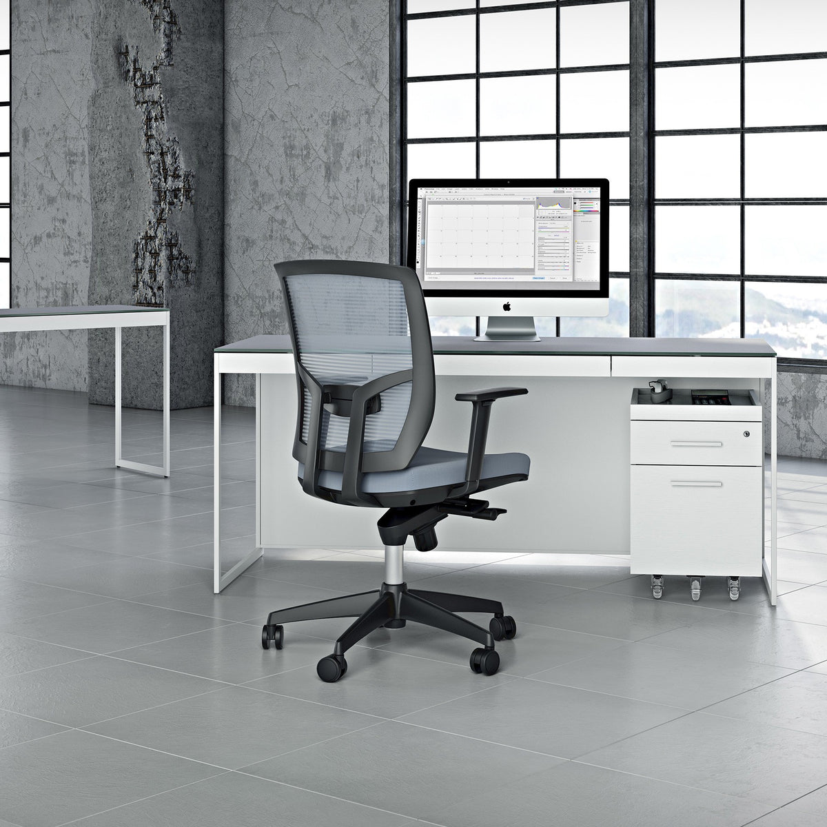 BDi Centro 6401 Desk in Satin White on Oak with Grey Glass, with a mobile file, in a loft office