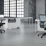 BDi Centro 6402 Desk Extension in Satin White on Oak with Grey Glass, on a multi-function cabinet, in a loft office