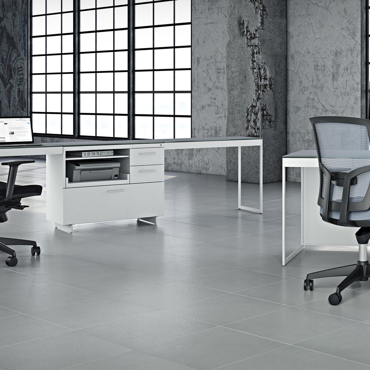 BDi Centro 6402 Desk Extension in Satin White on Oak with Grey Glass, on a multi-function cabinet, in a loft office