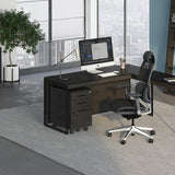 BDi Sequel 20 6101 Desk in Charcoal Stained Ash, with a black frame, return and mobile file, in an office