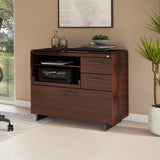 BDi Sequel 20 6117 Multi Function Cabinet in Chocolate Stained Walnut, with a black base, beside a desk, in a home office
